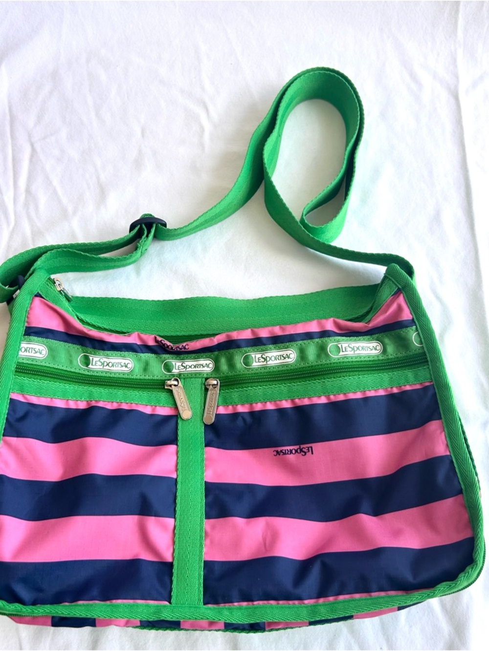 LeSportsac Green Crossbody with Pink and Navy Stripes - Picture 10 of 12